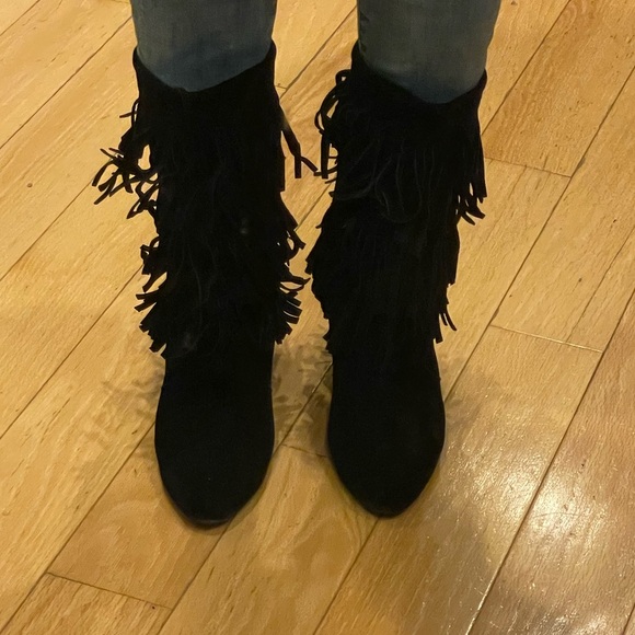 Fringe Black Suede Women's Boots - Picture 2 of 5